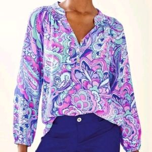 Lilly Pulitzer NEW Pink Blue Elsa Silk Popover Blouse Size XS Mermaid's Call